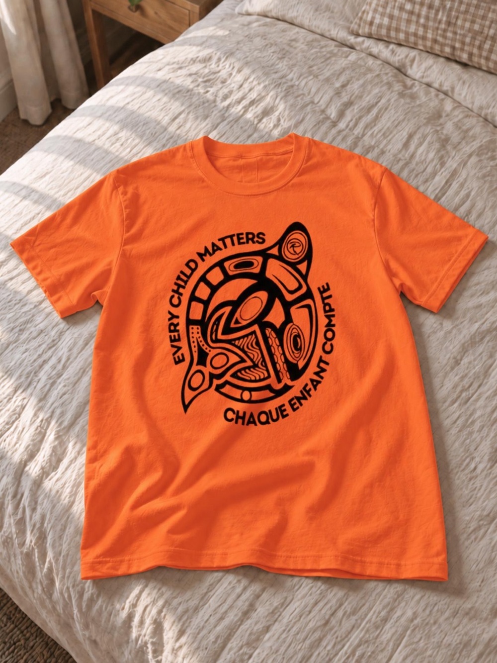Every Child Matters Orange Shirt Day T-Shirt, Bilingual Salish Orca Art